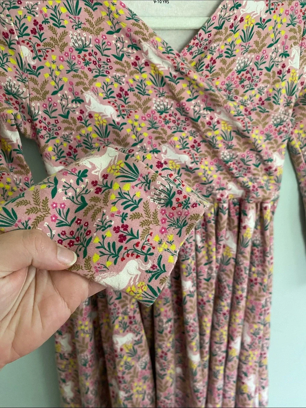 Mini Boden Girl’s Pink Floral Unicorn Wrap-Style Dress Size 9-10years Cotton